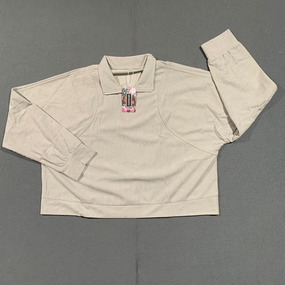 HWOKEFEIYU Women's 2XL Beige Pinstripe Quarter‎ Zip Pullover Top Polyester